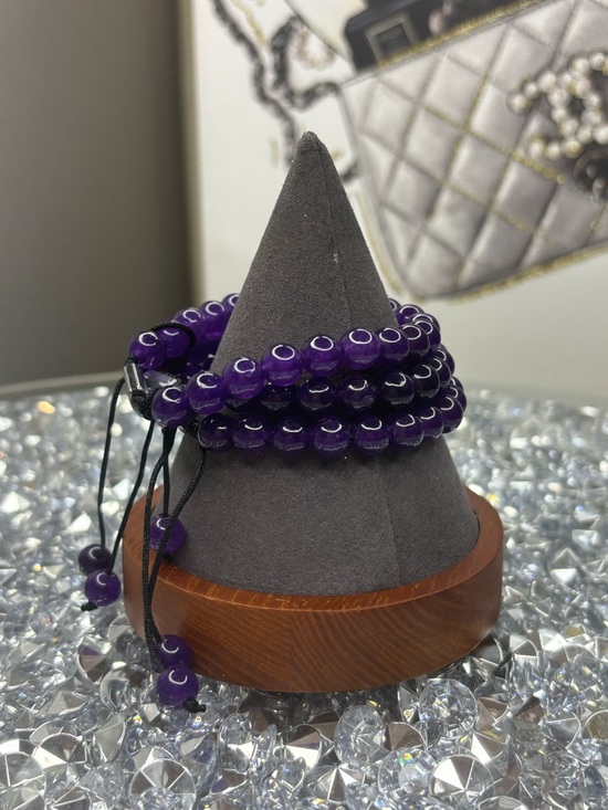 Purple Beaded Stretch Bracelet Stack with Pave Accent - Picture 7 of 8